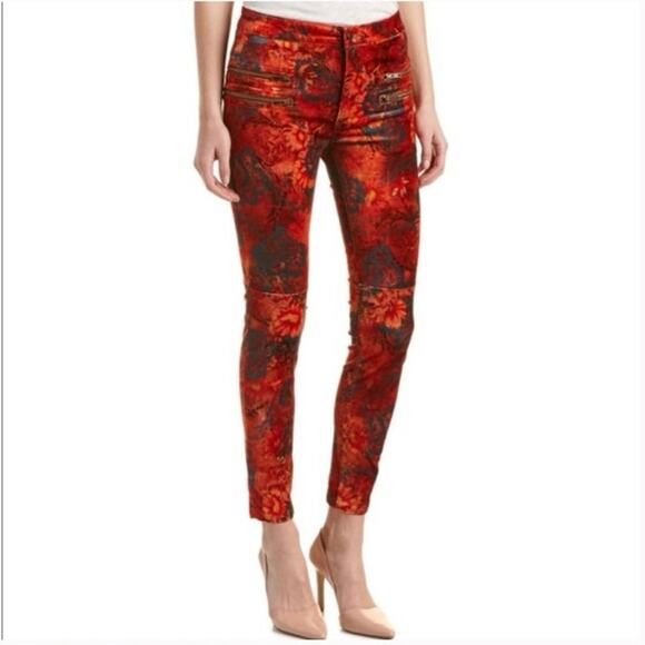 Free People Denim - Free People Lennon Floral Funkytown Orange Red Velvet Pants Women’s Size 0